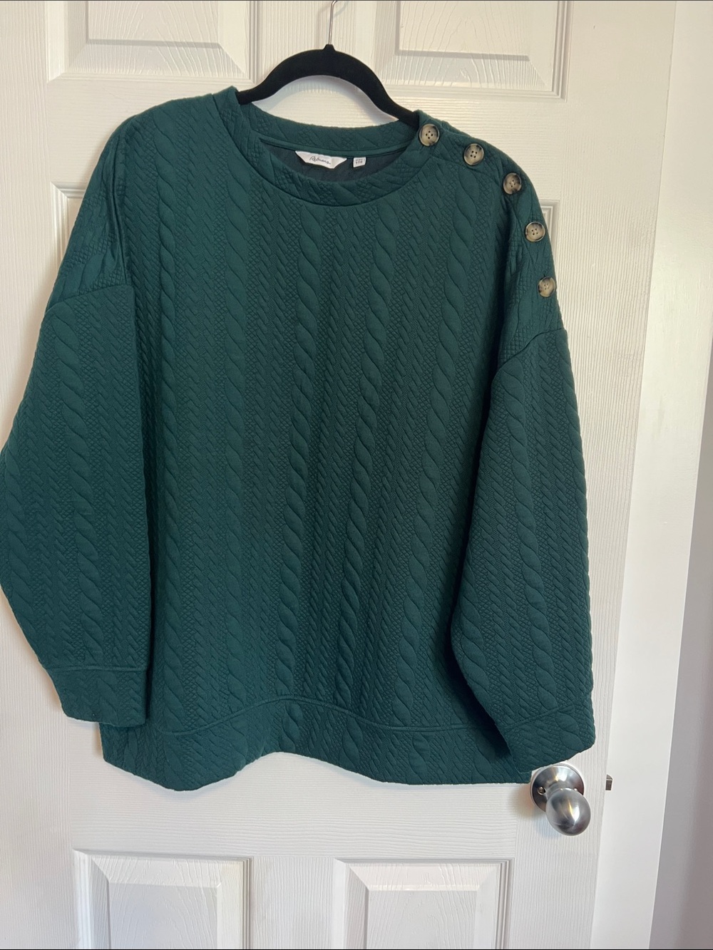 Cable Knit style Button Shoulder Sweater in Deep emerald